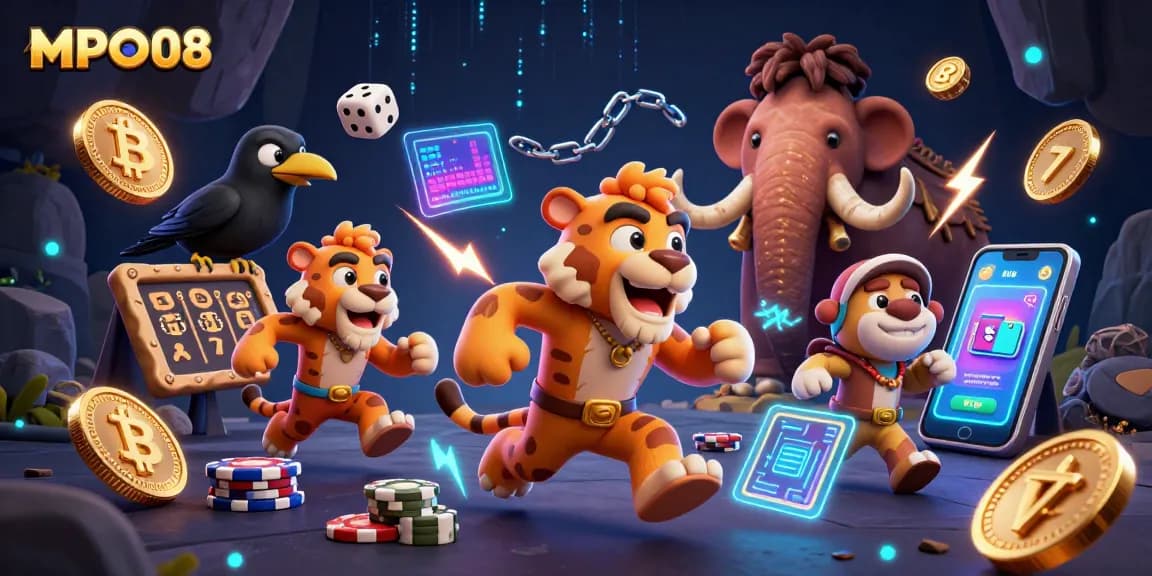 Engage with MPO08's prehistoric casino experience featuring vibrant slot elements and dynamic characters.