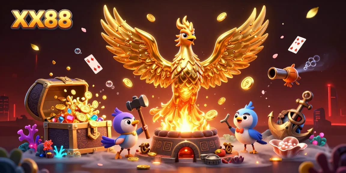Experience thrilling wins at XX88 with 3D golden phoenix casino adventure illustration.