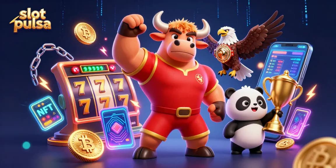 Memenangkan jackpot di slot pulsa dengan simbol keberuntungan dan karakter ceria dalam permainan kasino.