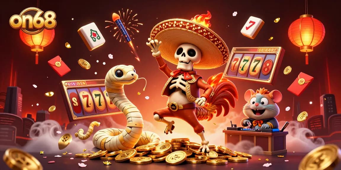 Experience dynamic gameplay at on68 with vibrant characters dancing among golden coins and gambling elements