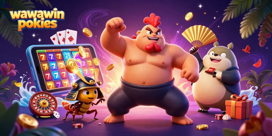 Experience wawawin pokies with high-energy characters and vibrant casino elements in a dynamic illustration.