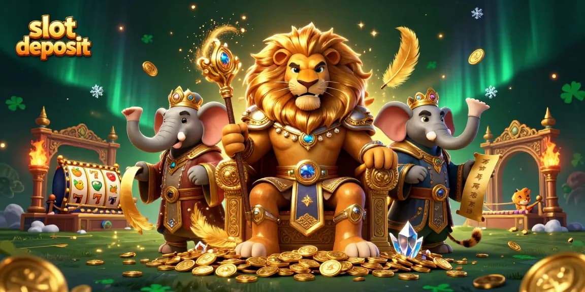 Slot deposit dengan karakter raja singa dan latar belakang kasino yang menarik.