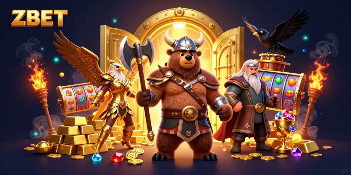 ZBET slots action featuring a Viking bear and Valkyrie amidst gold treasures and animated reels.