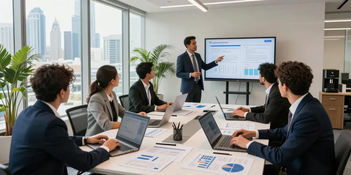 Audit Firms in UAE collaborating in a modern office setting, showcasing financial data and teamwork.