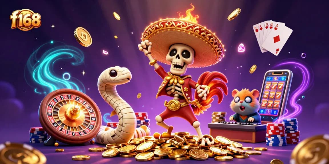 Experience the thrill of f168 casino with dynamic golden coins and a colorful 3D character scene.