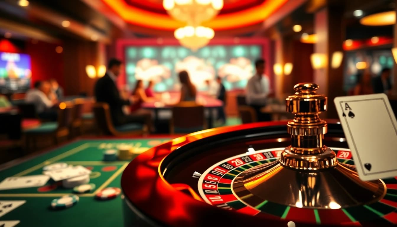 Menggoda pemain dengan bola sbobet di meja roulette kasino yang cerah dan penuh warna.