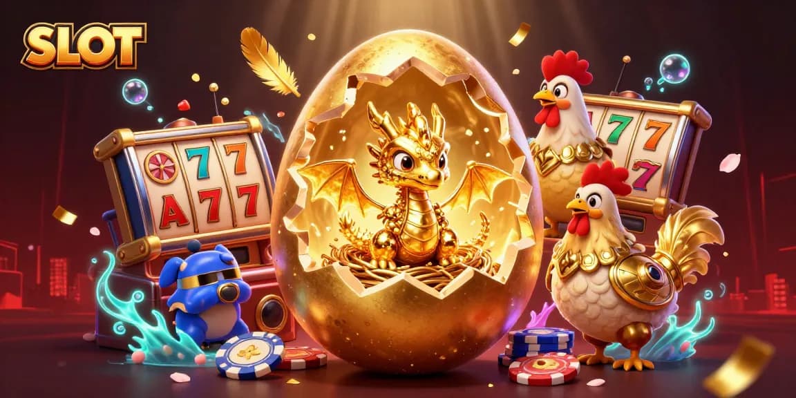 Spin the SLOT reels with the dazzling baby dragon guarding gold poker chips in an exciting casino scene.