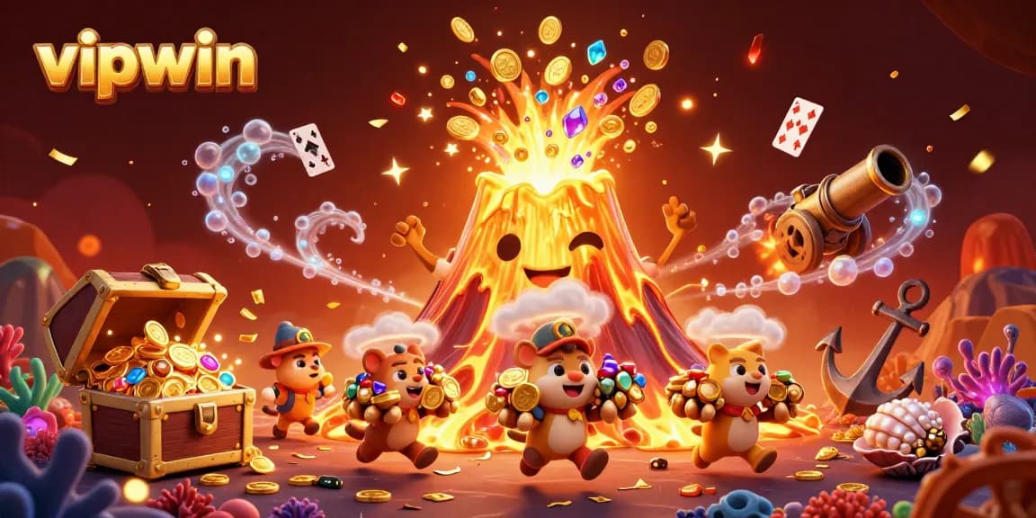 Win big with vipwin as golden treasures erupt from a sentient volcano amidst exciting casino elements.