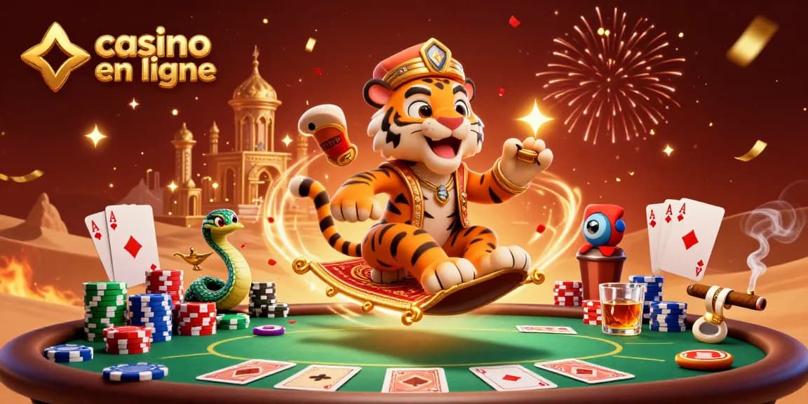 Un sultan tigre sur un tapis volant entouré d'éléments de jeu dans un casino en ligne dynamique.