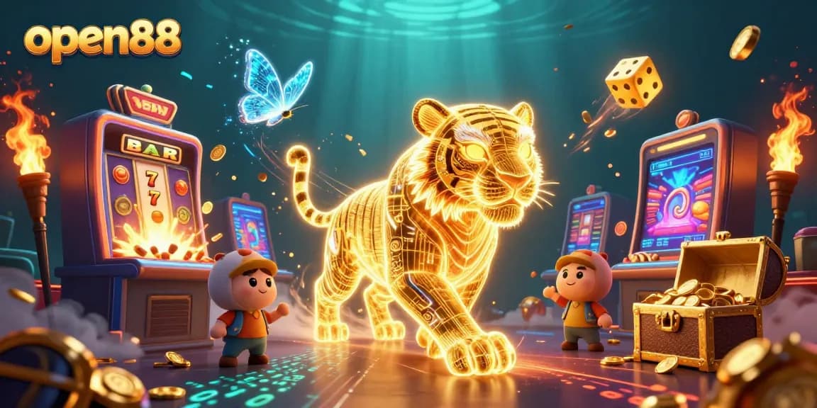 Experience the thrill of open88 with dazzling casino elements and a golden tiger in a vibrant digital landscape.