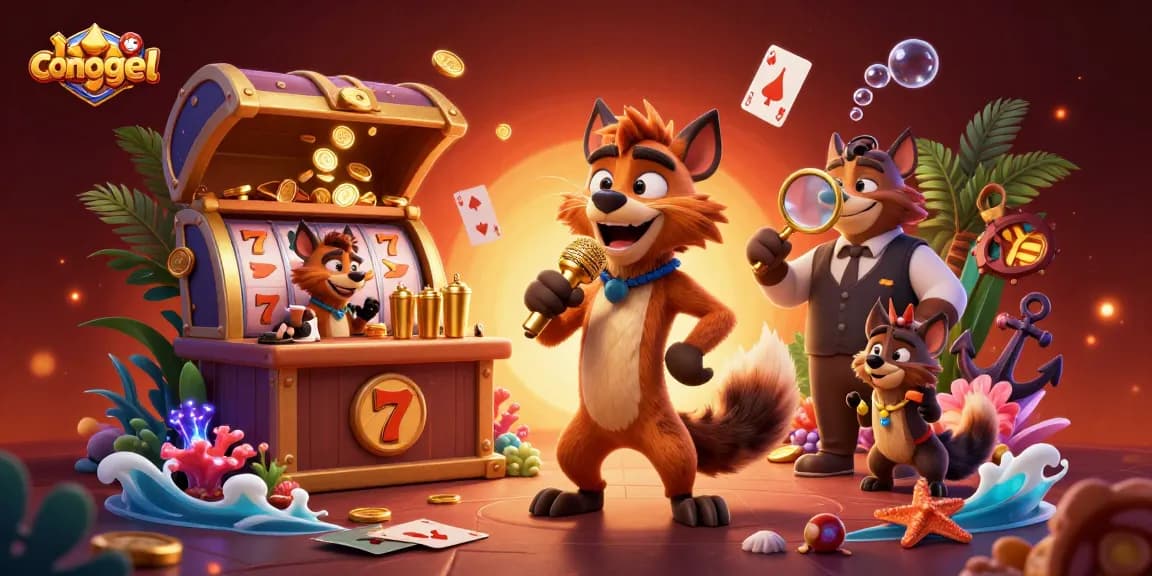 Join the fun at CongTogel, featuring hyenas in a vibrant casino scene with comedy, drinks, and gaming excitement.