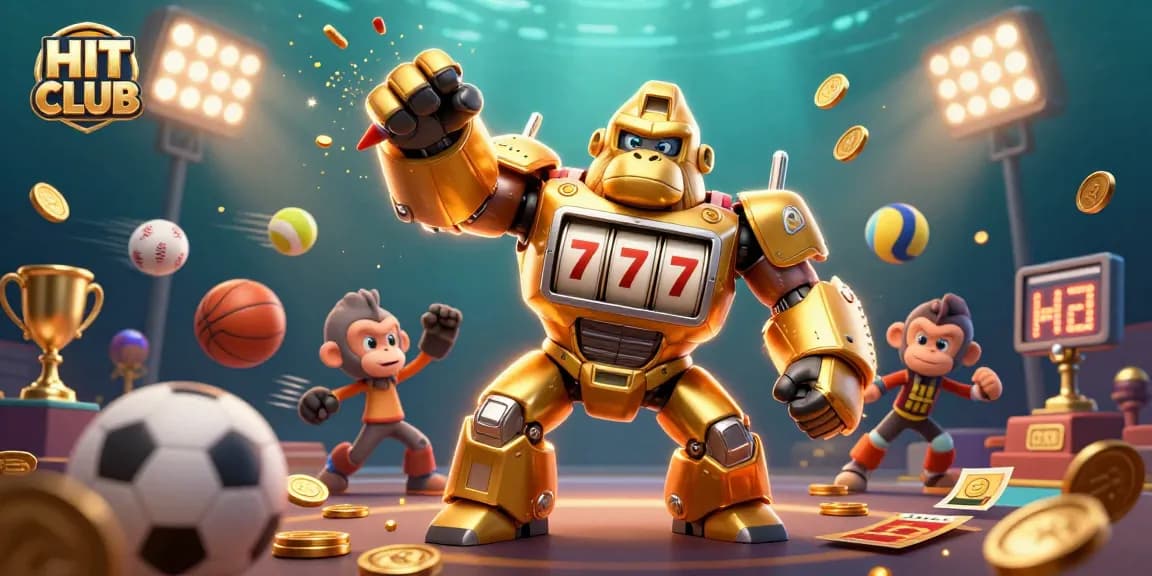 Join the action in HIT CLUB with a thrilling 3D illustration of a golden gorilla mech and sports elements.