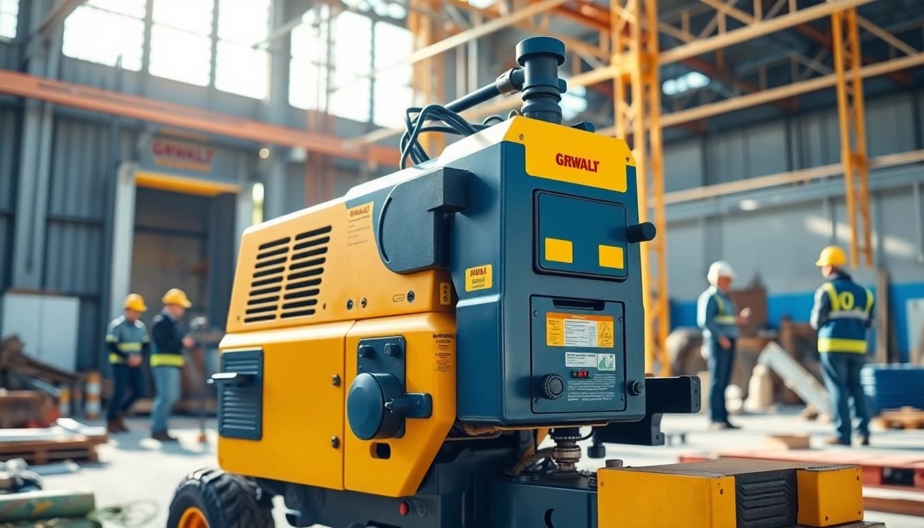 Operating a gradall machine at a busy construction site with workers collaborating nearby.
