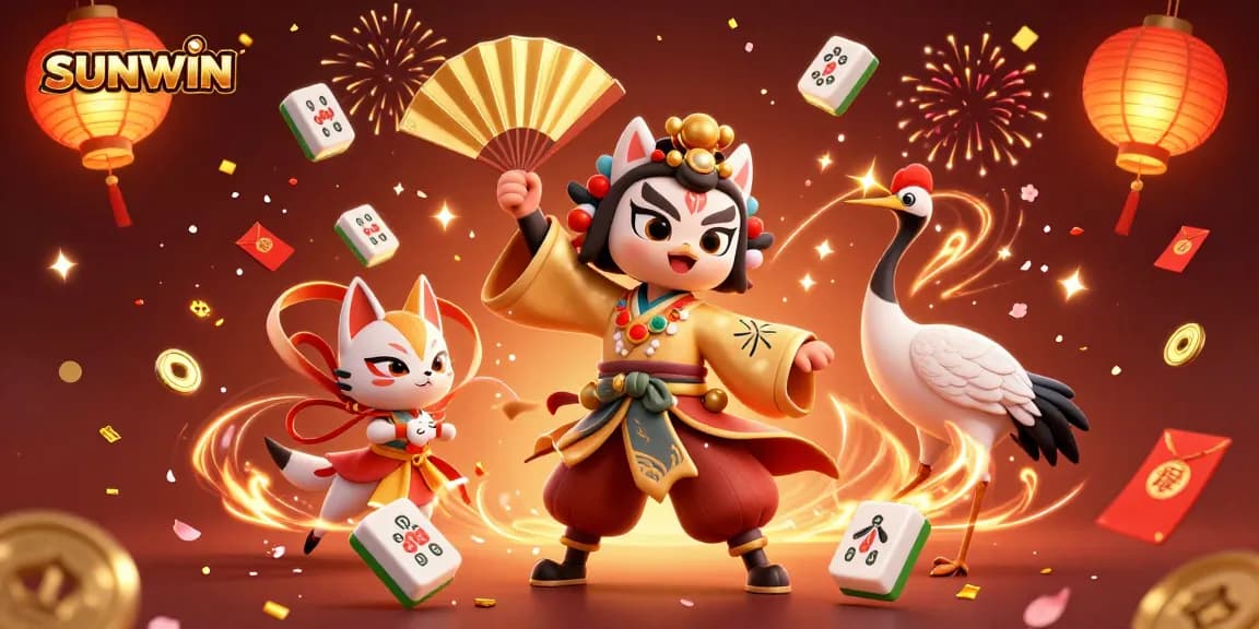 SUNWIN brings joy with vibrant kabuki warriors and playful mahjong elements in a festive casino scene.