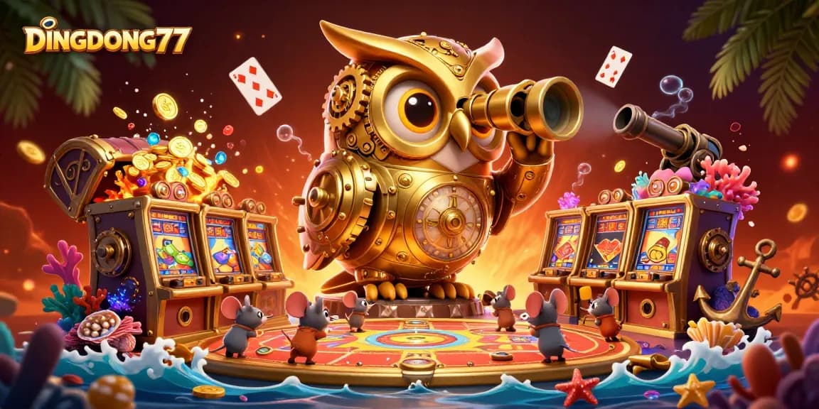 DINGDONG77 showcases an exhilarating scene with a clockwork owl and wind-up mouse in a vibrant casino.