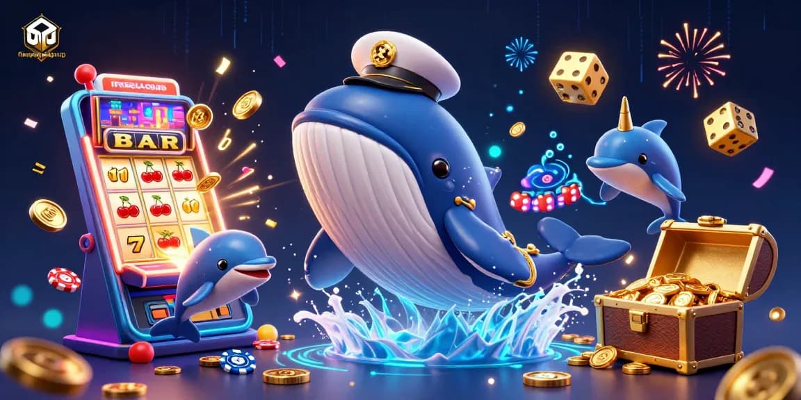 Experience winning moments with finepalategroup's vibrant casino scene featuring whales, dolphins, and slot machines.