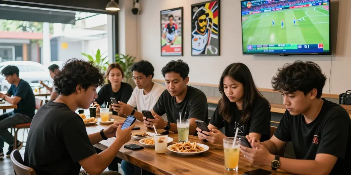 Friends discussing Prediksi 7meter at a lively cafe, enjoying sports predictions and good vibes.