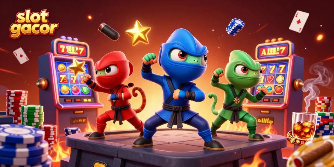 Engage with slot gacor through a vibrant 3D illustration showcasing chameleon ninjas alongside colorful slot machines.