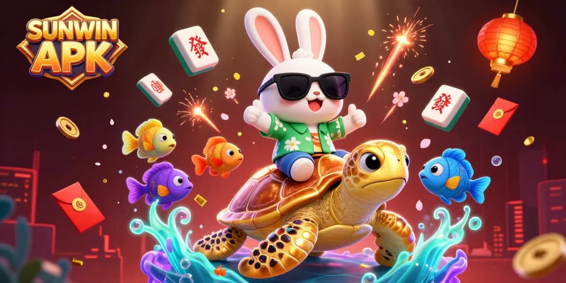 SUNWIN APK features an engaging scene with a lucky rabbit and a giant sea turtle amidst vibrant casino elements.