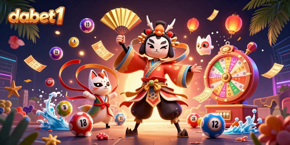 Experience dabet1's vibrant lottery atmosphere with dynamic characters and energetic game elements.