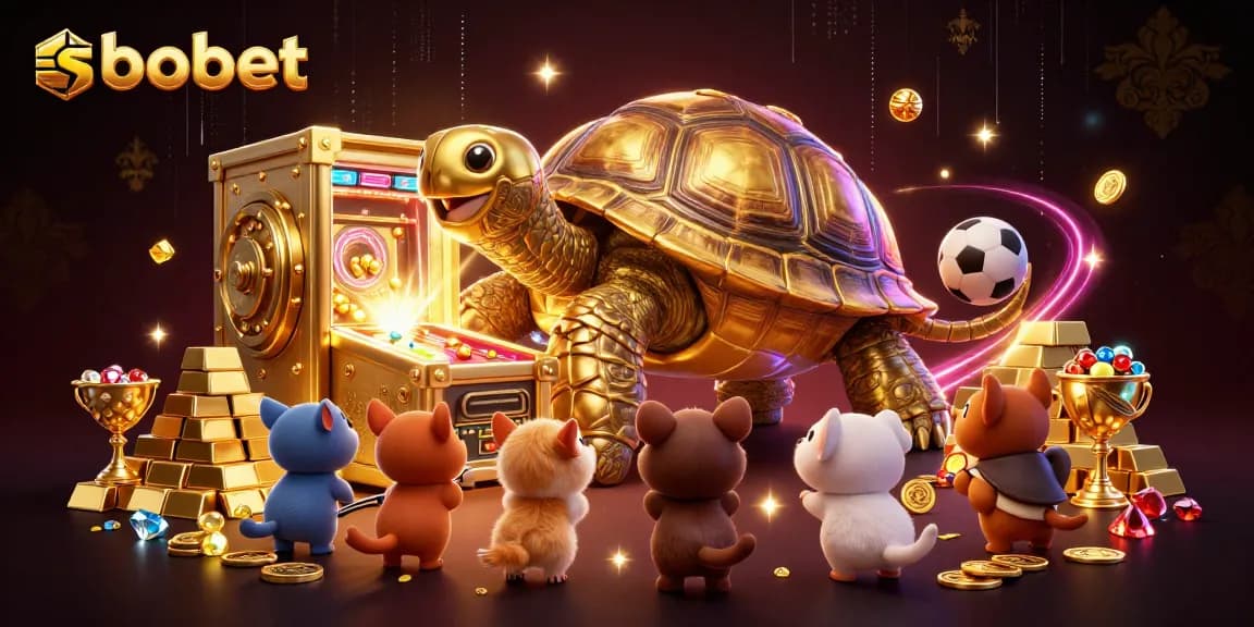 SBOBET sports betting illustration with golden tortoise and treasure vault, capturing the thrill of gambling.