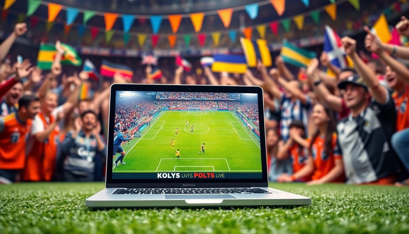Bolakami, menyaksikan pertandingan sepak bola secara langsung dengan laptop dikelilingi para penggemar.