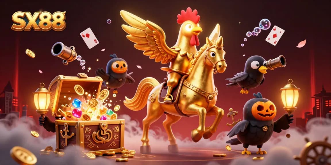 SX88 captivates players in a vibrant casino scene with a golden rooster and charming companions amidst exciting game elements.