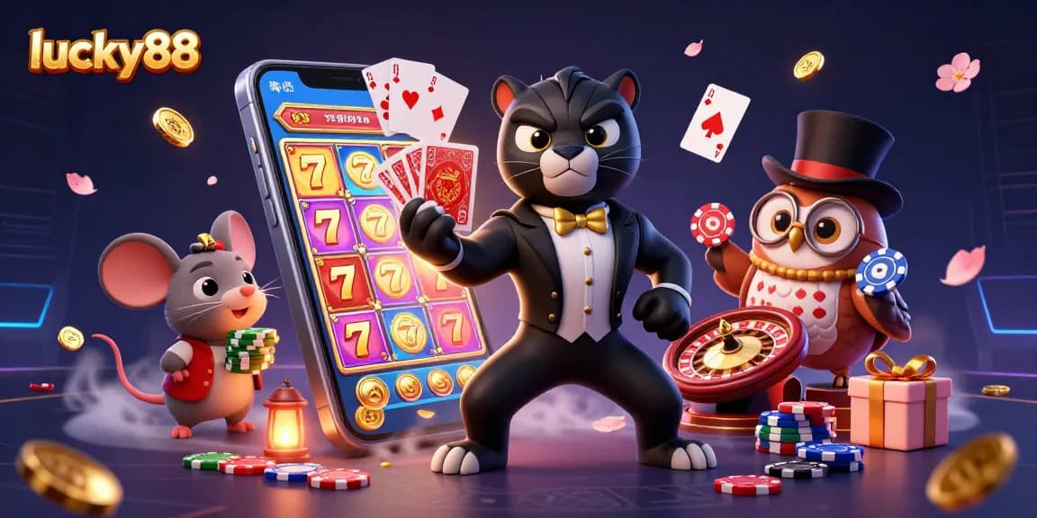 Experience thrilling wins at lucky88 with stylish characters dealing cards and exciting slot games.