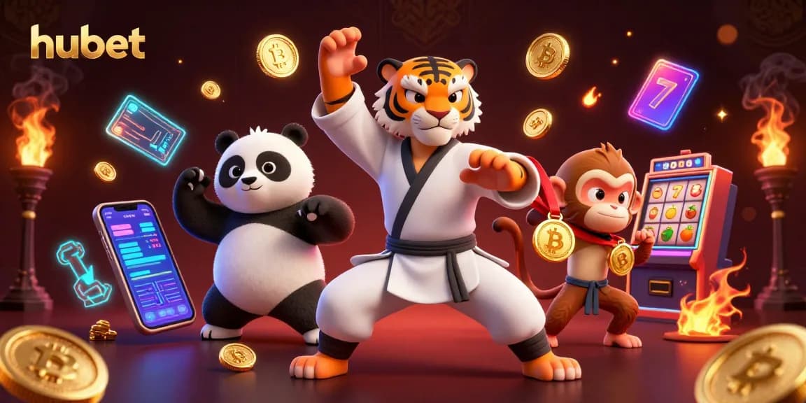 hubet shows a tiger master and panda in a vibrant casino scene, with crypto elements and slot machines.