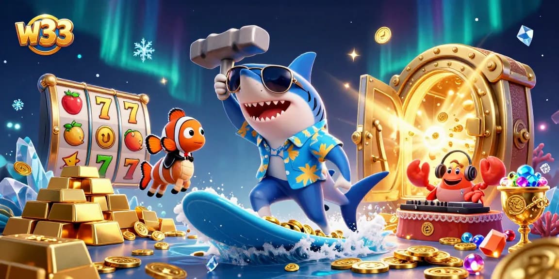 Play exciting w33 pokies with a vibrant cartoon scene featuring engaging characters and colorful slot elements.