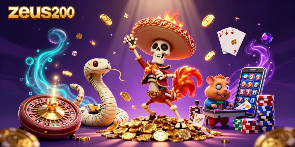 Zeus200: Merayakan kemenangan di kasino dengan skeleton dan mumi dalam ilustrasi ceria.
