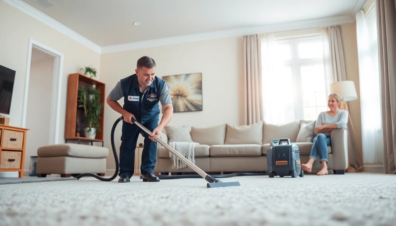 Veteran owned carpet cleaning California with a technician demonstrating professional cleaning in a bright room.