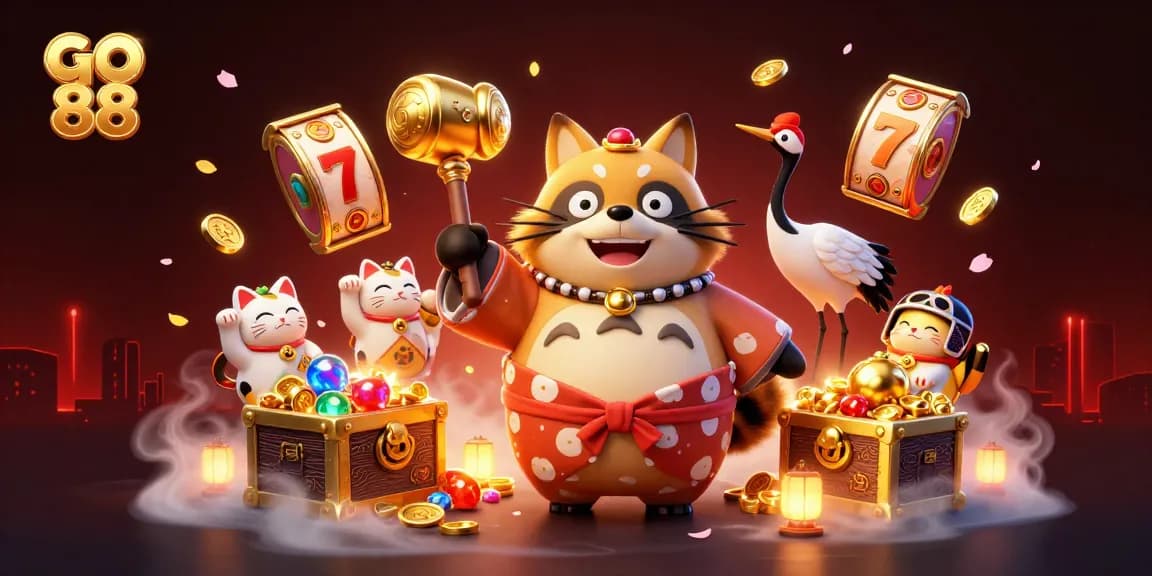 Engage with the vibrant gameplay of go 88, featuring a cheerful tanuki and lucky symbols in a casino-themed 3D illustration.