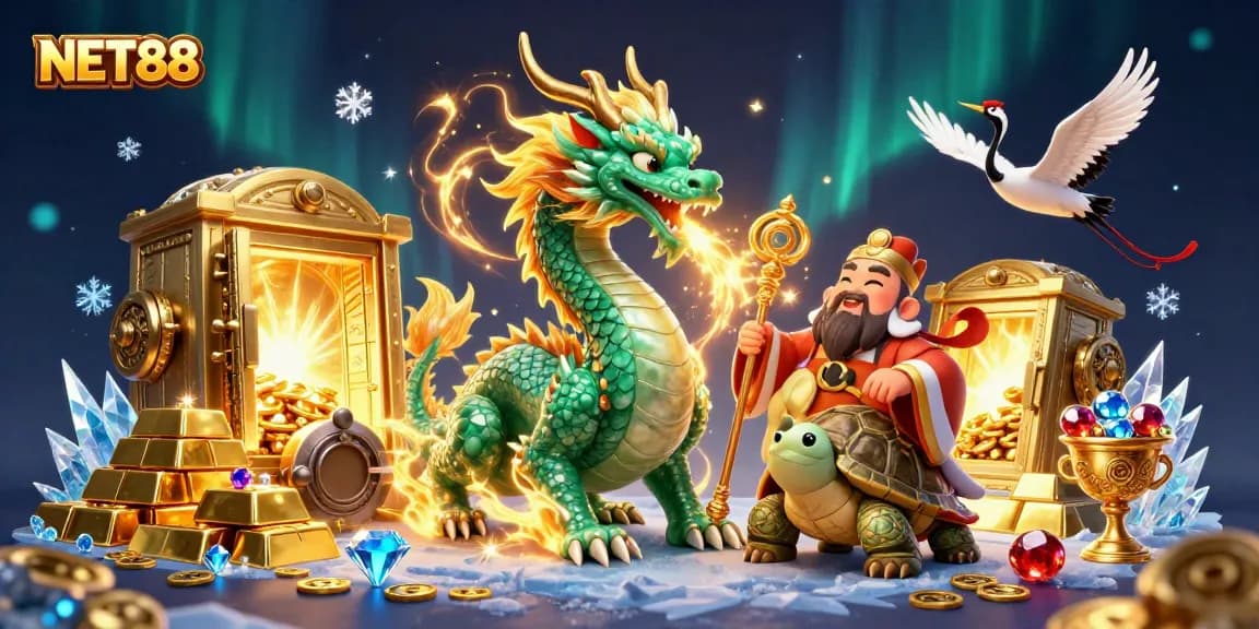 Play with NET88's vibrant casino adventure featuring a jade dragon and treasures