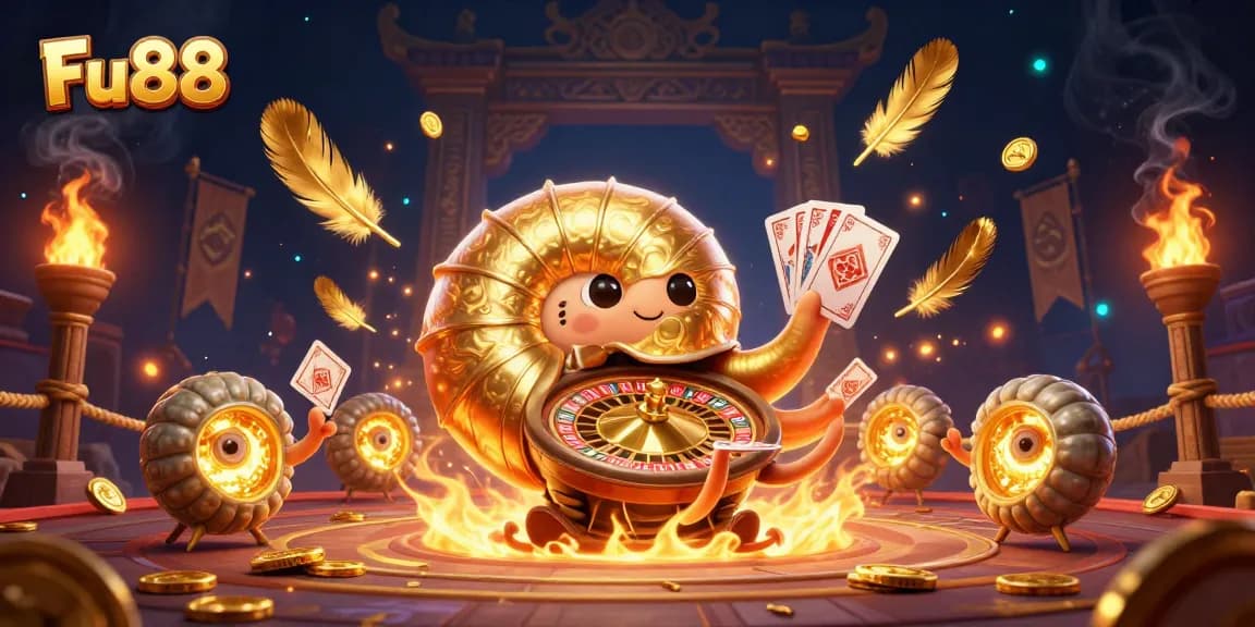 Engage in thrilling gameplay at Fu88 with a vibrant 3D casino scene featuring a golden roulette wheel.
