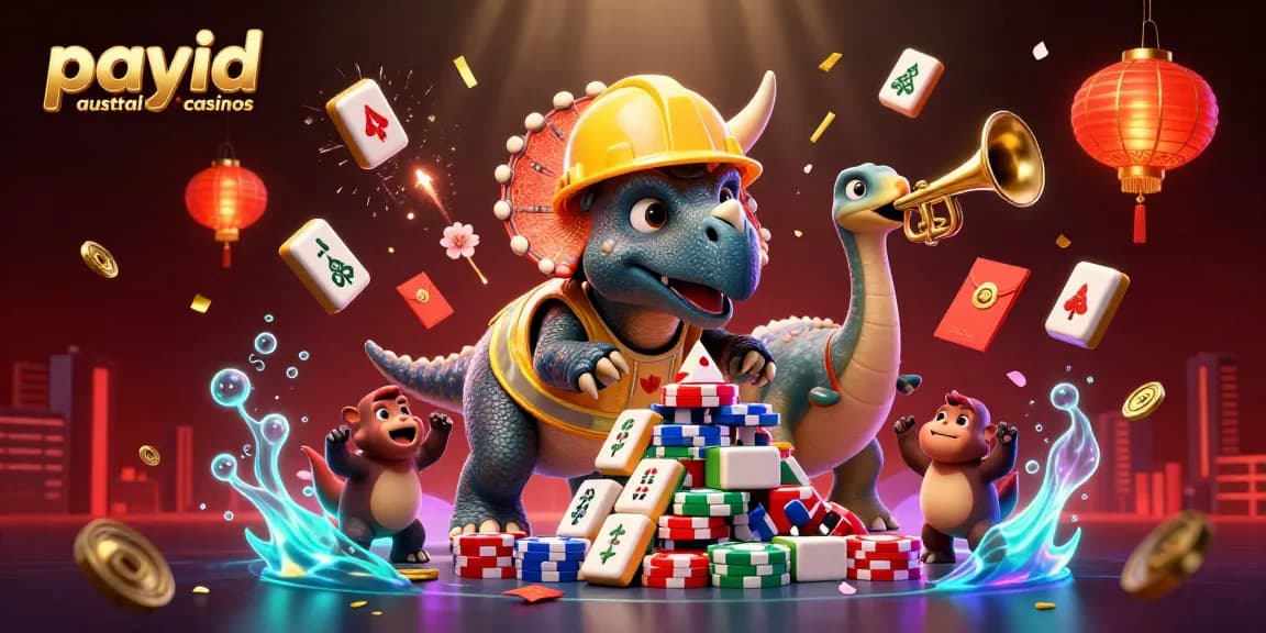 Experience the excitement at payid australian casinos with cheerful dinosaur characters building poker chip pyramids.