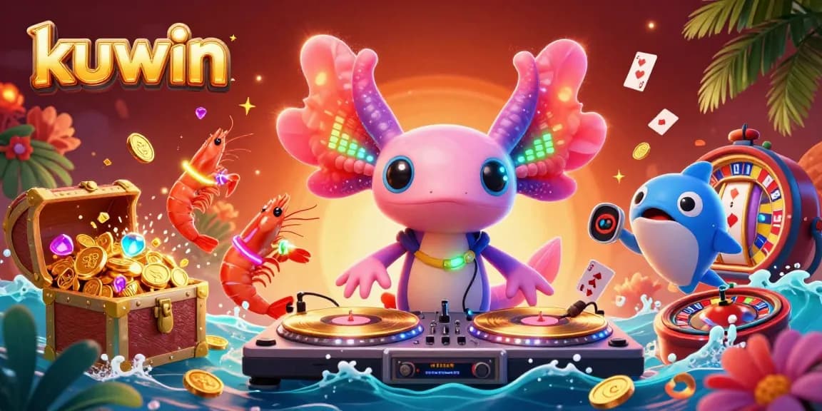 Kuwin's vibrant underwater casino scene featuring the axolotl DJ spinning with gold coins and slot machines.