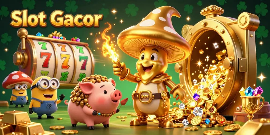 Gambar Slot Gacor dengan penyihir jamur emas, babi truffle, dan harta berkilau.