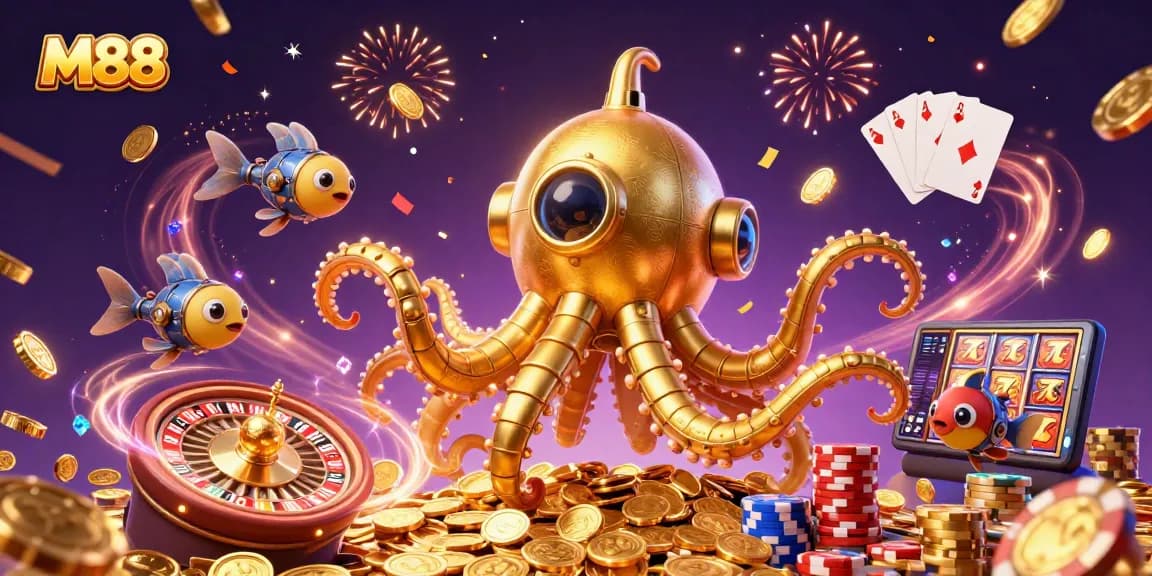 M88 unleashes excitement with a 3D kraken submarine amidst golden coins and vibrant casino elements.