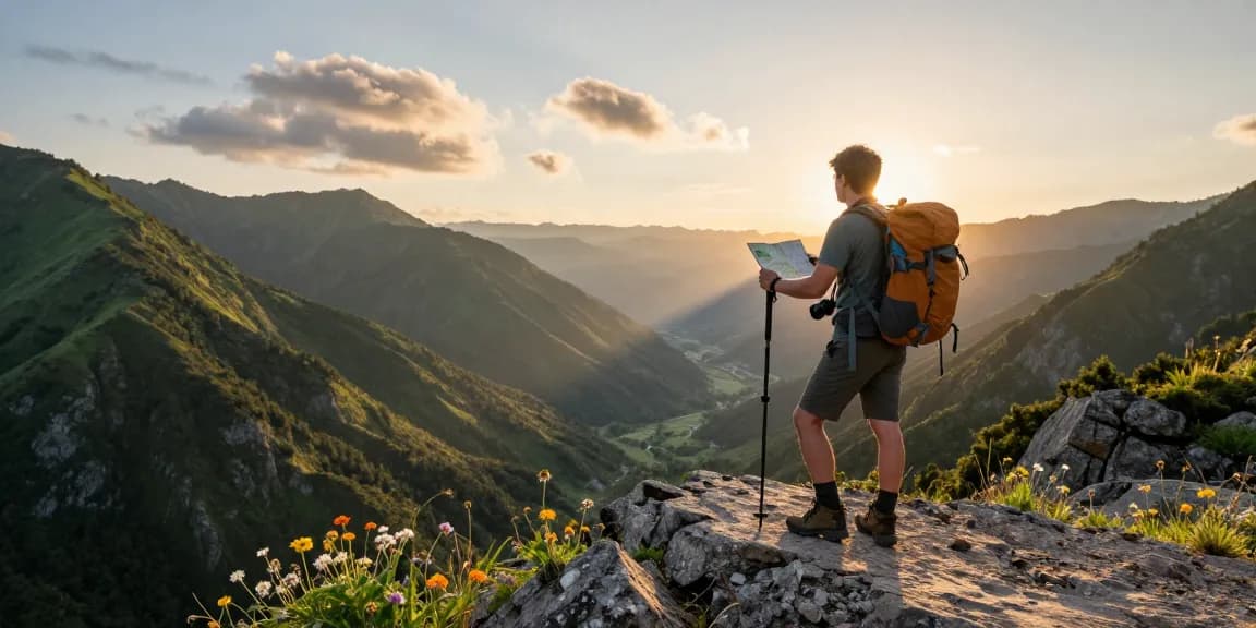 Stunning mountain landscape with a hiker at sunrise, symbolizing adventure and exploration with mantra88.