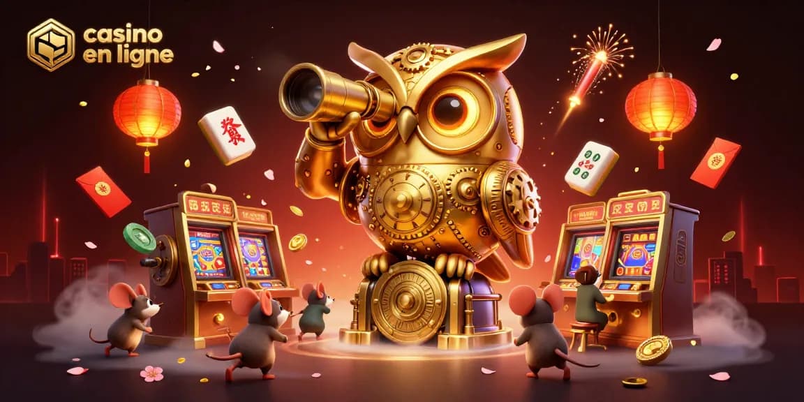 Découvrez le casino en ligne avec cette illustration captivante de machines à sous et un hibou en or.