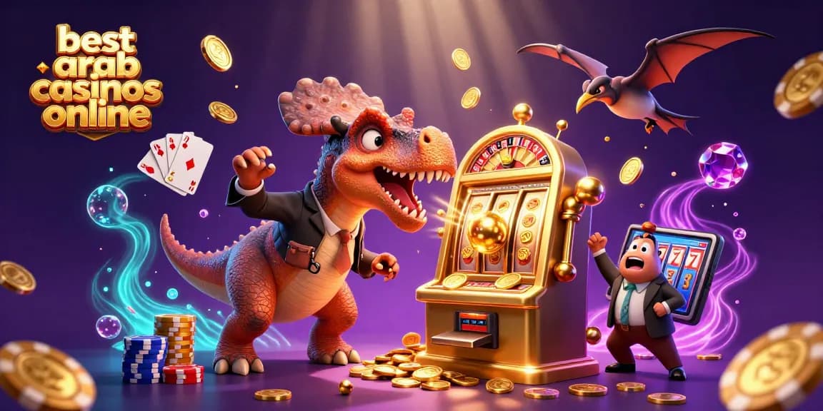 Engaging scene illustrating a pachycephalosaurus winning jackpot coins at best arab casinos online with colorful casino elements.