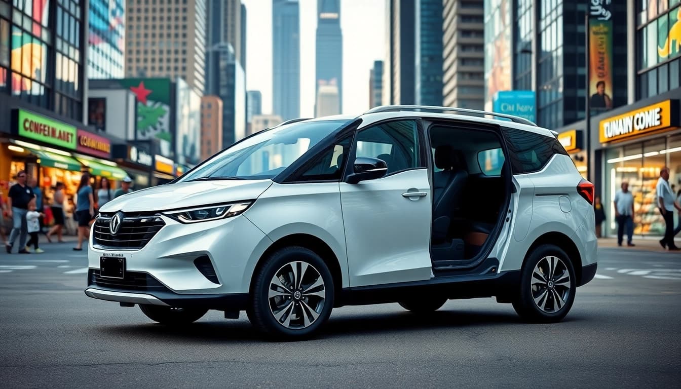 Buy New Car illustrated with a modern family-friendly vehicle against a vibrant urban skyline.