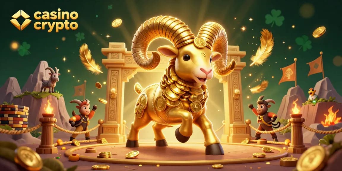 Gioca nel casino crypto con un maestoso ariete d'oro tra elementi di segno distintivo ludico.