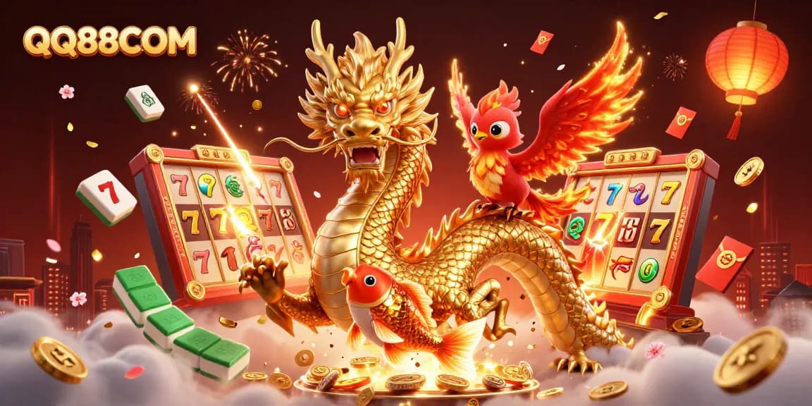 Spin and win with QQ88COM's vibrant dragon and koi fish illustration amidst slot reels and festive decorations.