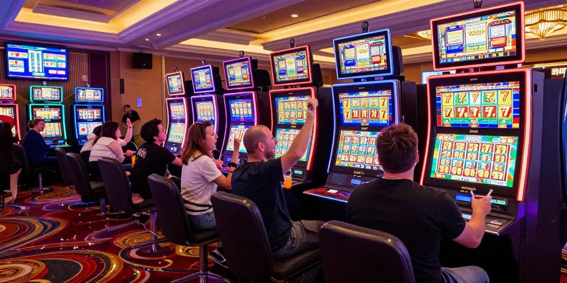 Players celebrating a win on the 777 slot machine in a vibrant casino.