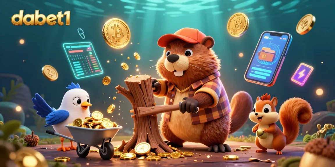 Experience dabet1's vibrant casino-themed adventure with cartoon characters amidst gold coins and crypto elements.