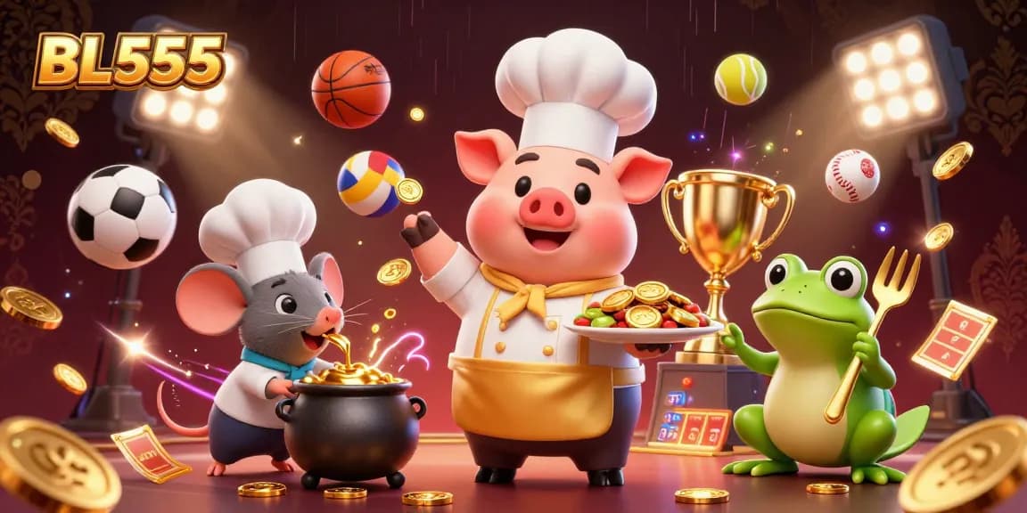 Engage with BL555's vibrant casino world featuring chefs and dynamic sports elements in a rich 3D illustration.