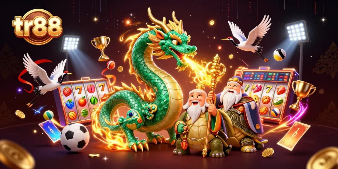 Engage with tr88's vibrant casino illustration showcasing a jade dragon and turtle sage.
