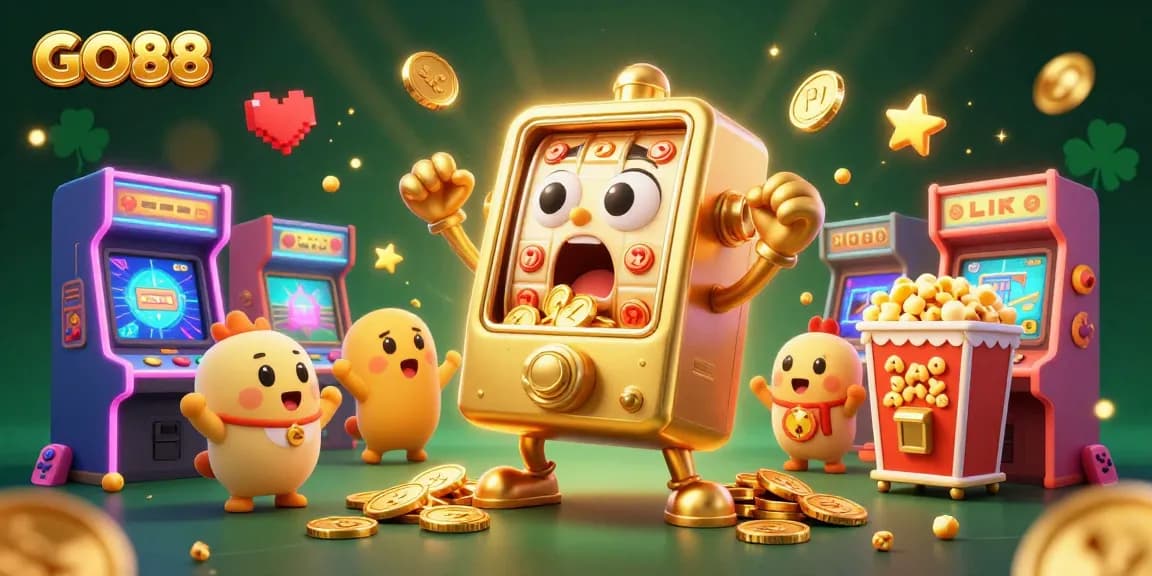 GO88 slot machine triumphantly hits a jackpot, surrounded by cheering machines and bright gaming elements.